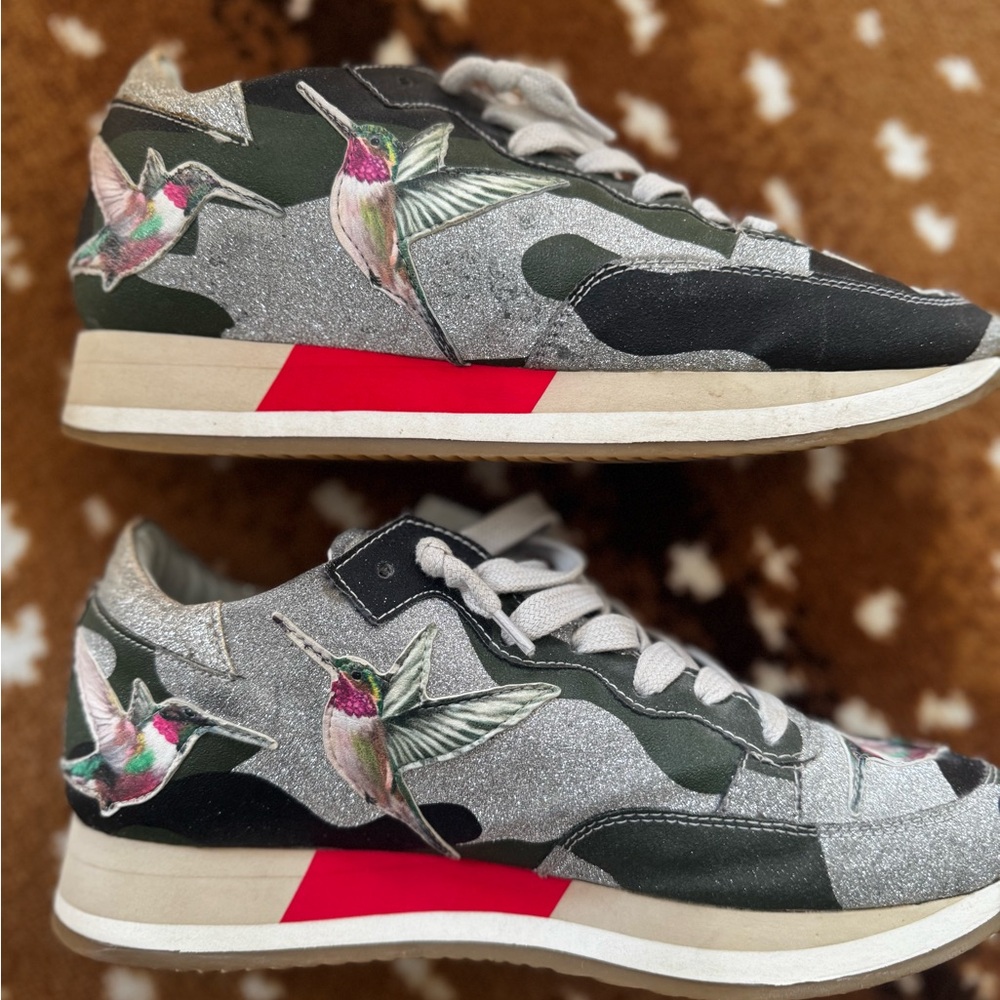 Philippe Model Silver Glitter Sneakers with Green Camo & Pink Hummingbird